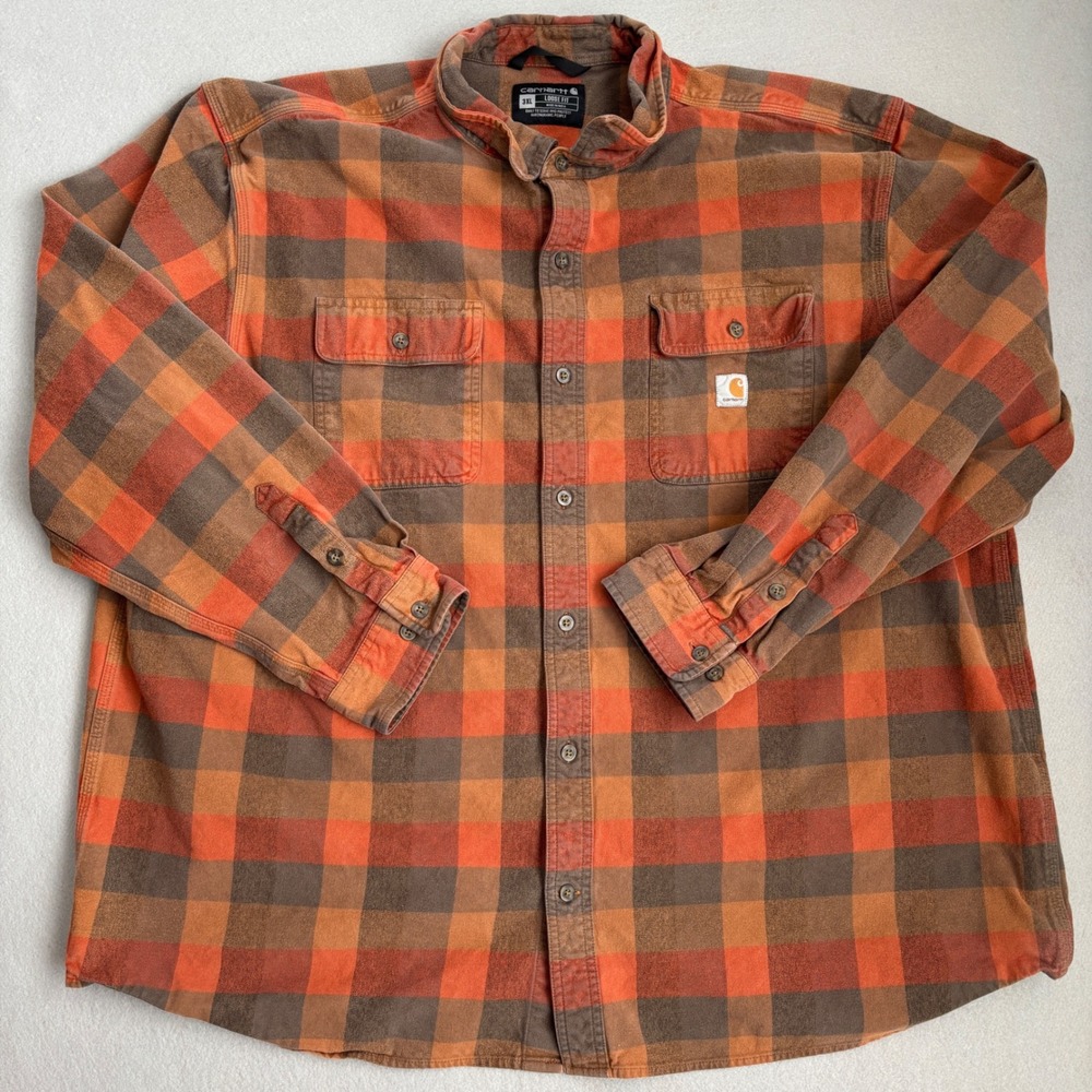 Carhartt Mens 3XL Loose Fit Plaid Flannel Shirt Orange Brown 105078 BRN Cotton